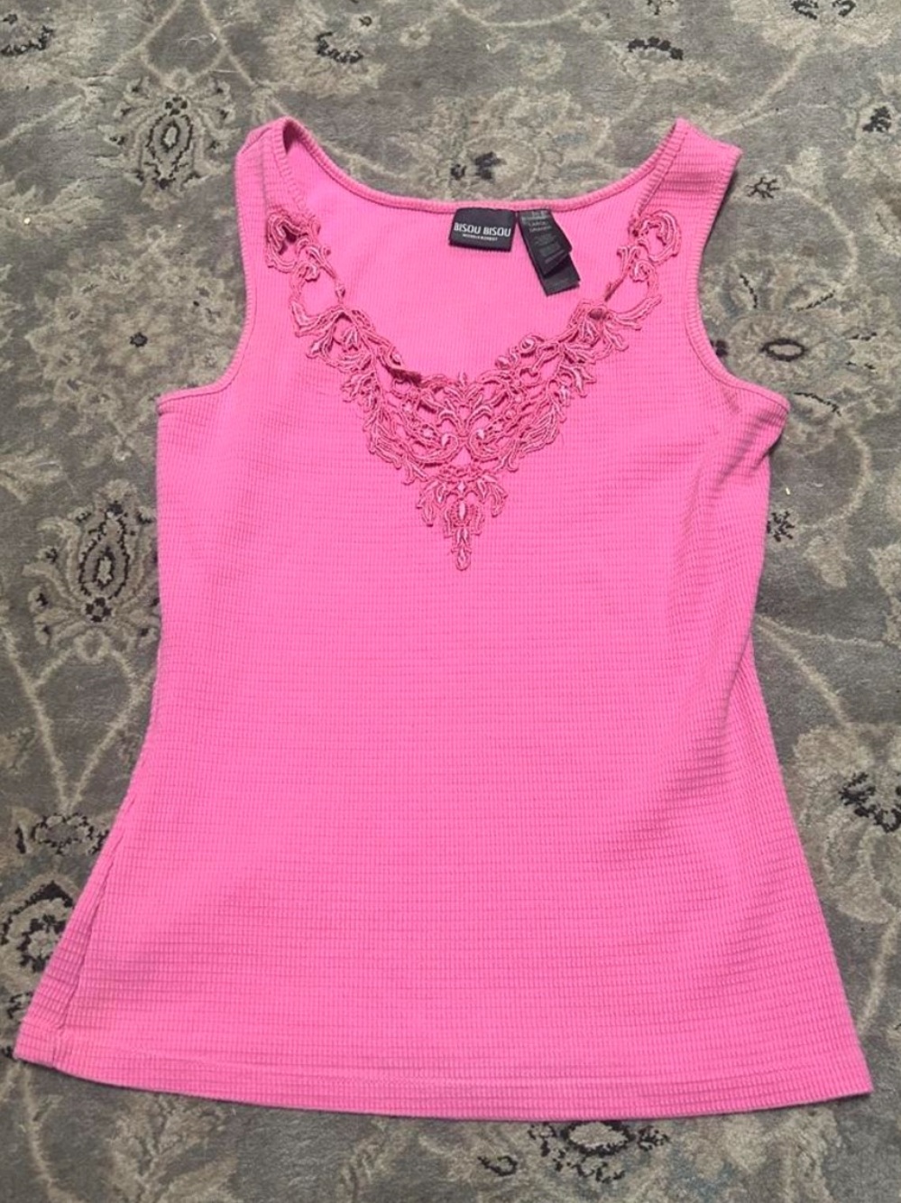 Bisou Bisou Bright Pink Embroidered Neck Tank